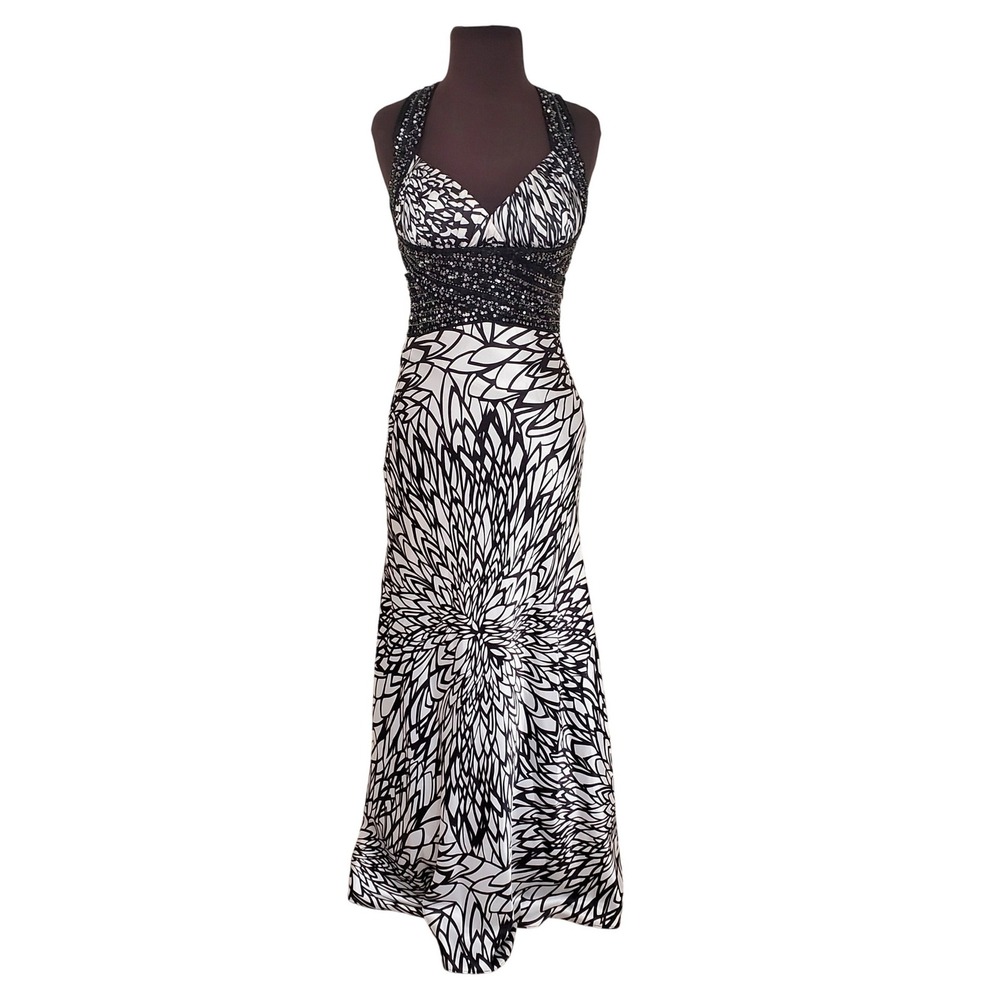 Sexy Black & White Sequin Halter Dress Formal Prom Backless Gown Train Mermaid